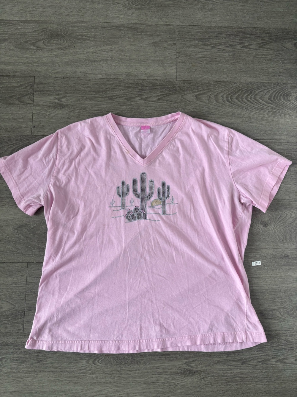 Y2K Pink Baby Tee V-Neck with rhinestone Cactus